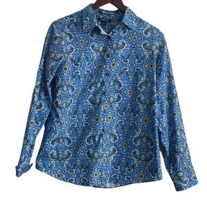 Lands End Women Top M Blue Paisley Button Up‎ Supima Cotton Boho Preppy Office